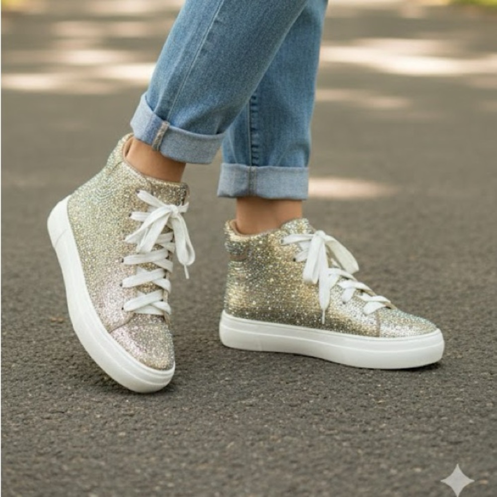 Women’s Champagne Rhinestone Lace-Up High Top Sneakers